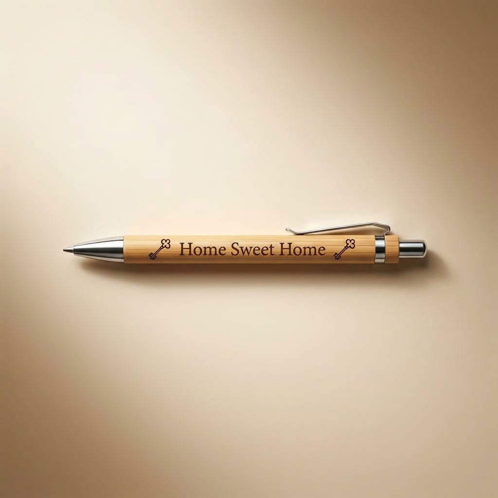 A personalized wooden pen with a silver clip and metal tip, engraved with the phrase 'Home Sweet Home' and two key icons, resting on a warm beige background.
