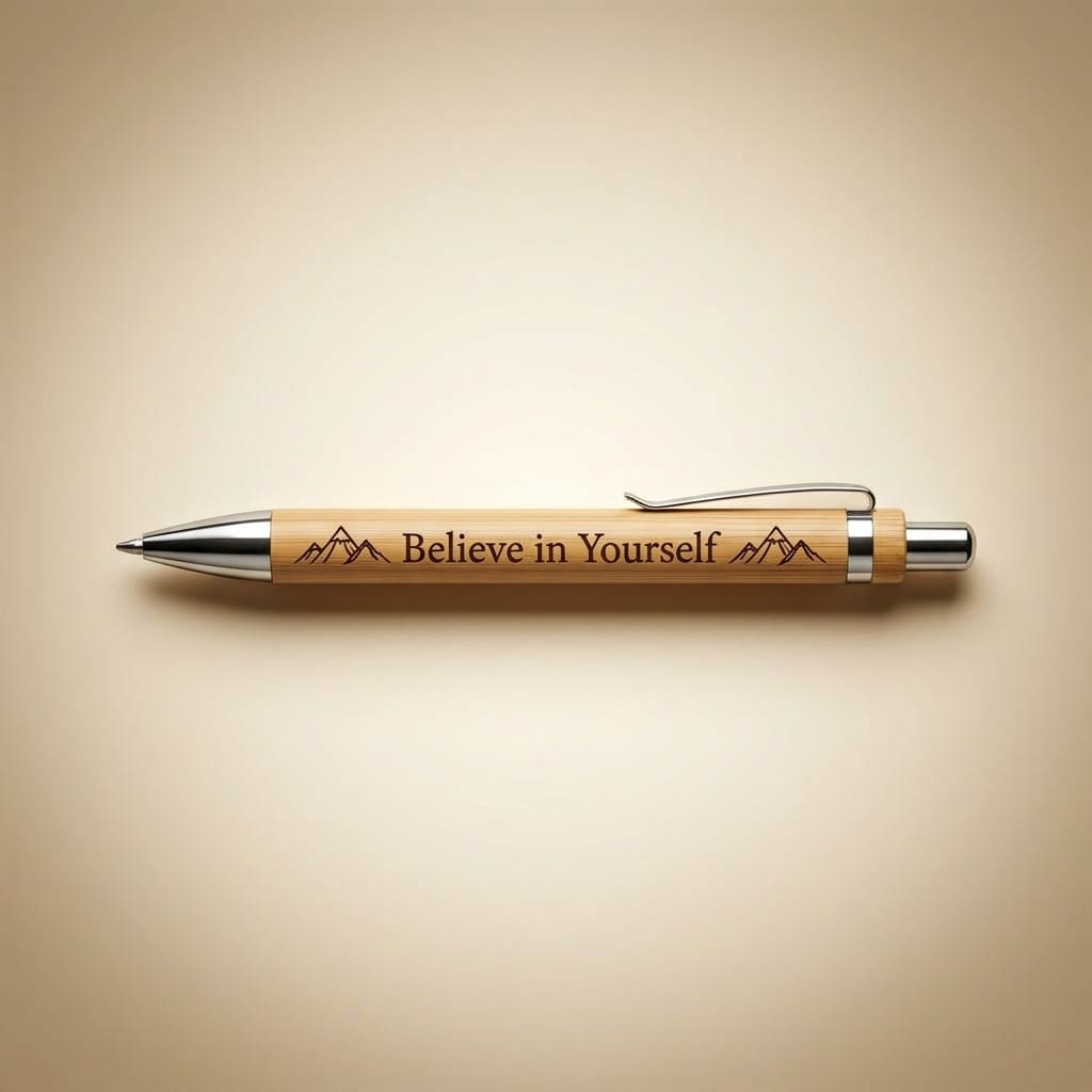 A personalized wooden pen with silver metal accents, featuring the engraved text 'Believe in Yourself' between mountain graphics, displayed on a warm beige background.