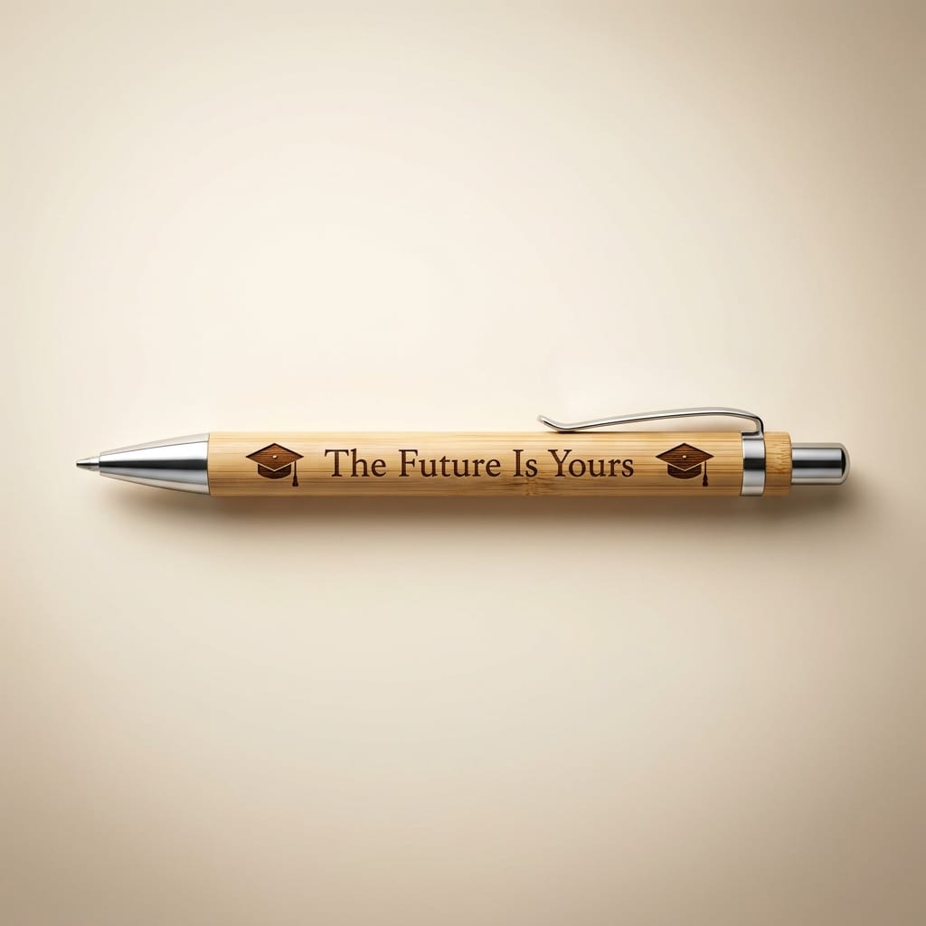 A personalized bamboo pen with silver metal accents, featuring the engraved text 'The Future Is Yours' and graduation cap icons on a warm beige background.
