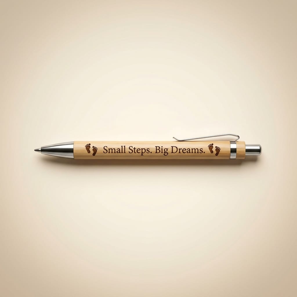 A wooden pen with silver metal accents, featuring the engraved text 'Small Steps. Big Dreams.