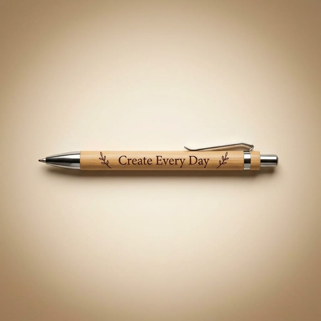 A wooden pen with a silver metal clip and tip, featuring the engraved text 'Create Every Day' with small leaf illustrations on the side, set against a warm beige background.