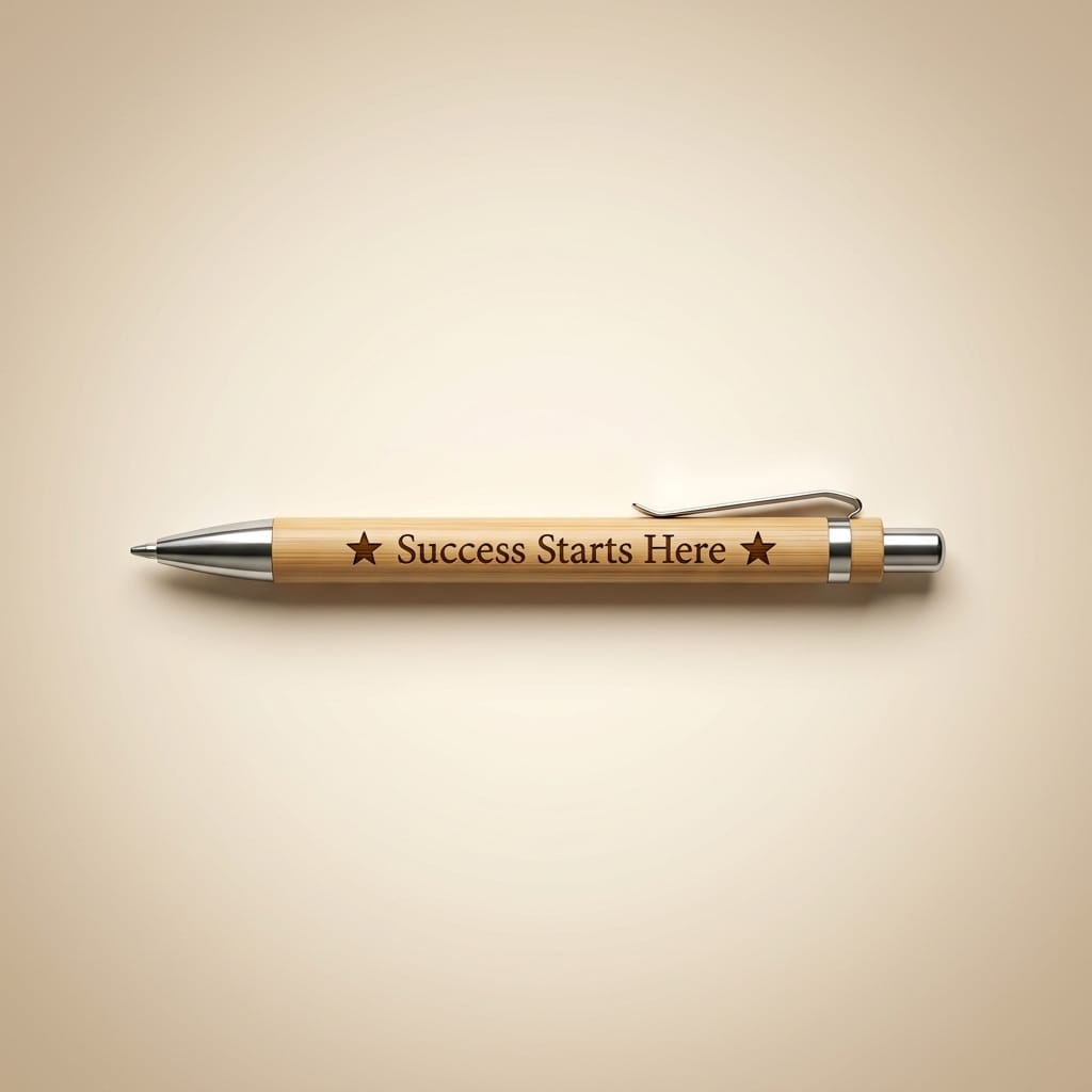 A personalized bamboo pen with a silver clip and metal tip, featuring the engraved text 'Success Starts Here' with two stars, displayed on a warm beige background.