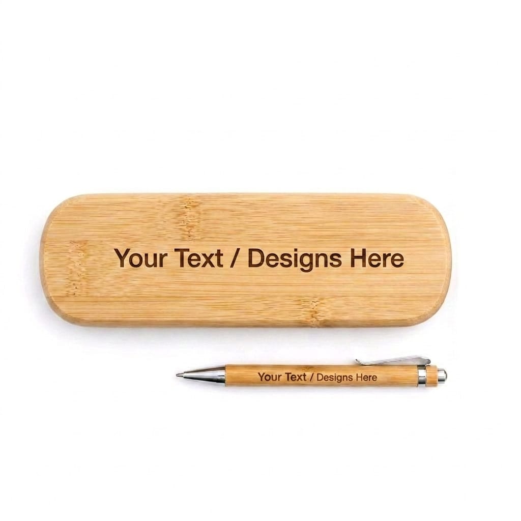 A personalized bamboo pen and matching wooden case set on a plain white background, both engraved with the placeholder text 'Your Text / Designs Here'.