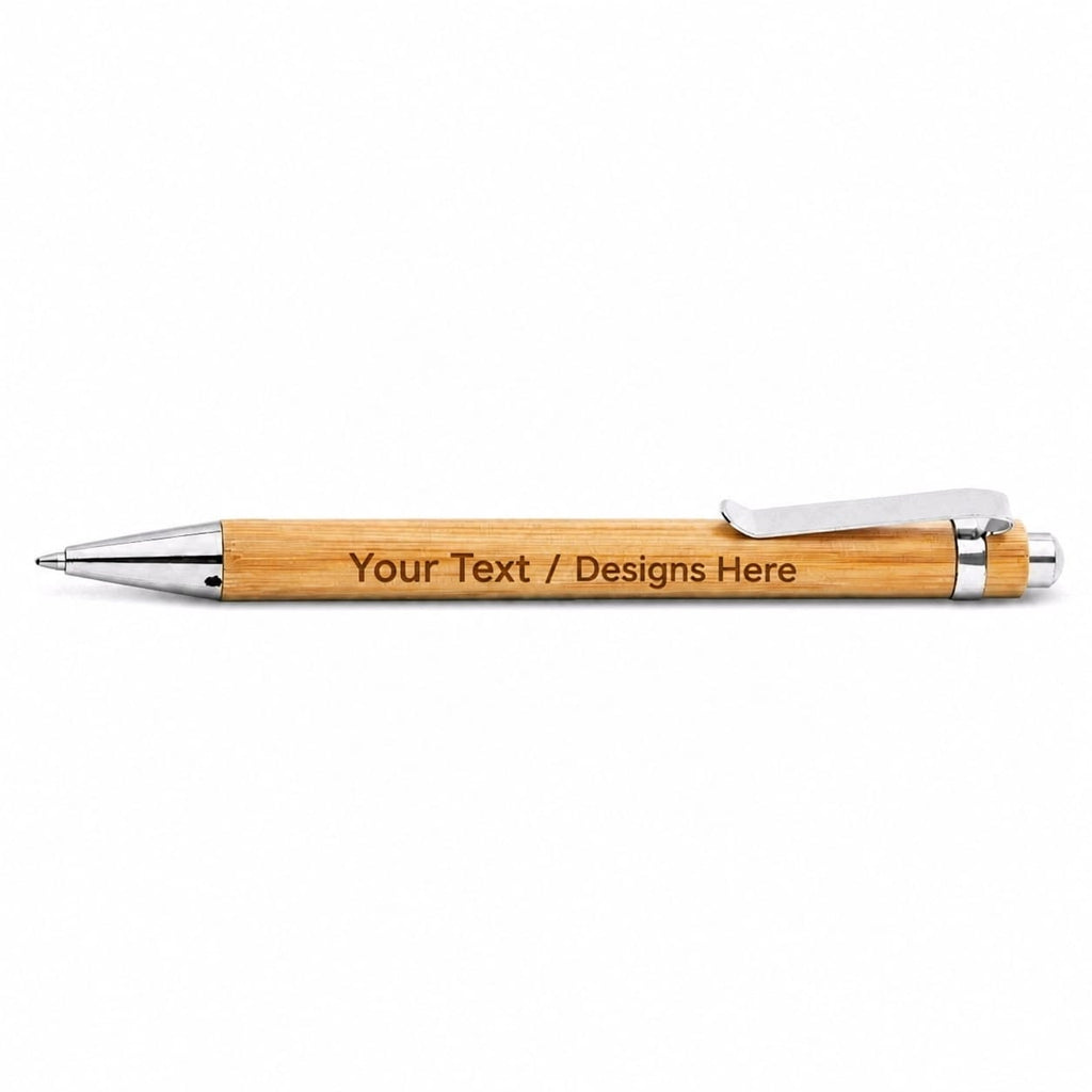 A personalized bamboo pen with silver metal accents and a white clip, featuring the placeholder text 'Your Text / Designs Here' engraved on the wooden barrel, set against a plain white background.