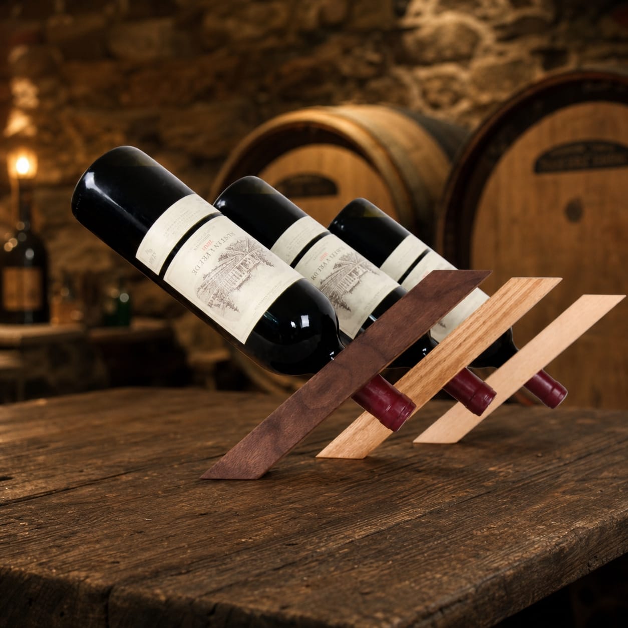 A wooden wine bottle rack made of three angled slats in two tones, holding three wine bottles on a rustic wooden table with wine barrels in the background.