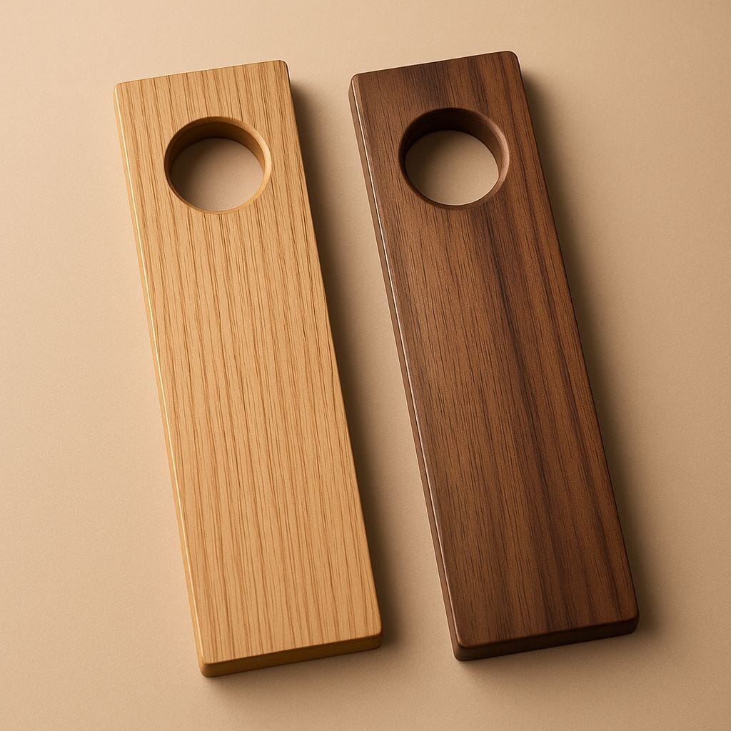 Two rectangular wooden door stoppers with circular cutouts, shown side by side on a warm beige background. One is made of light natural wood, and the other is made of dark brown wood.