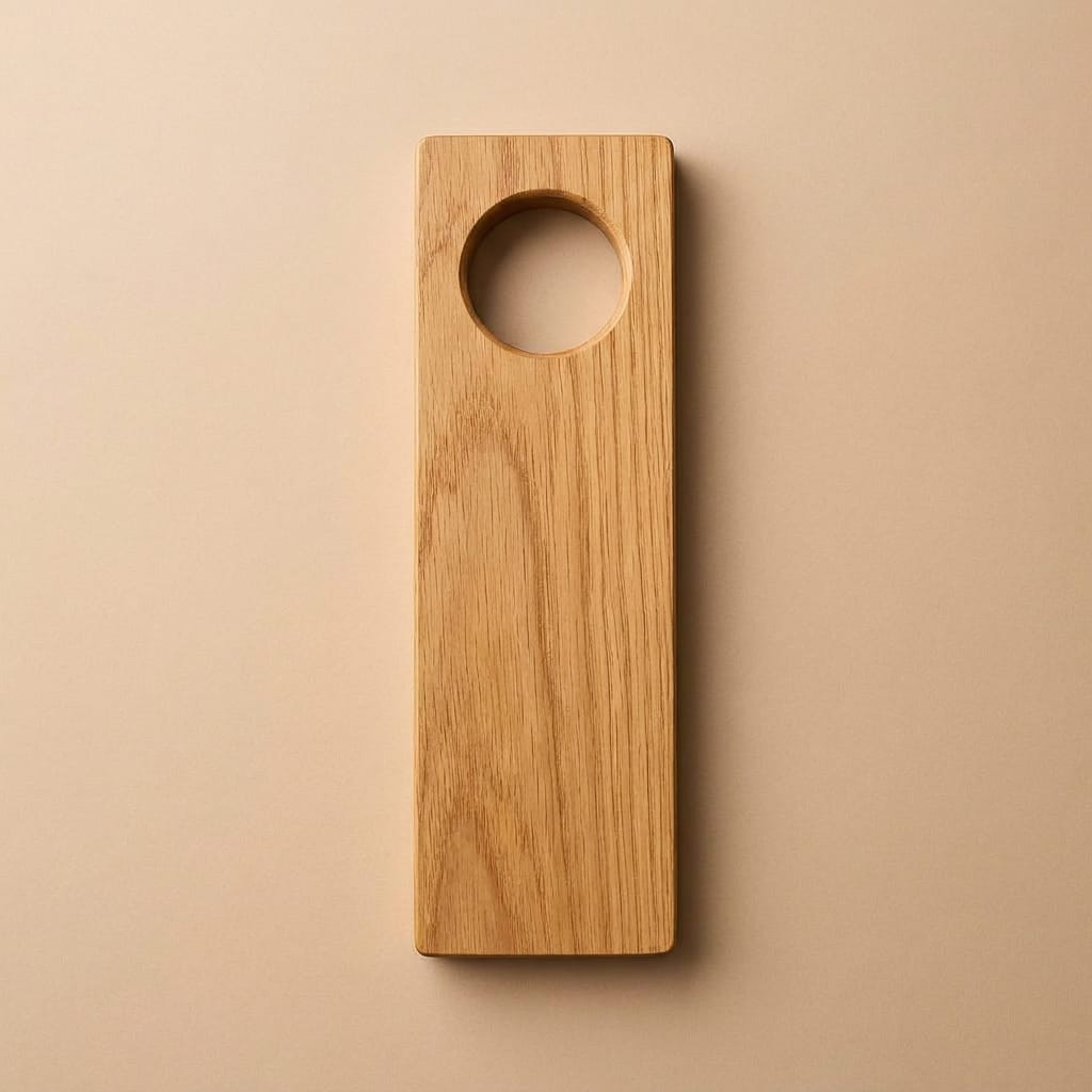 A rectangular light oak wood board with a circular cutout near the top, shown on a solid beige background.