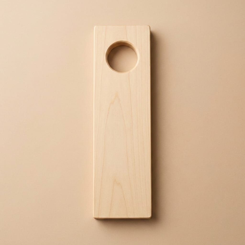 A light natural wood rectangular board with a circular cutout near the top, shown on a plain warm beige background.
