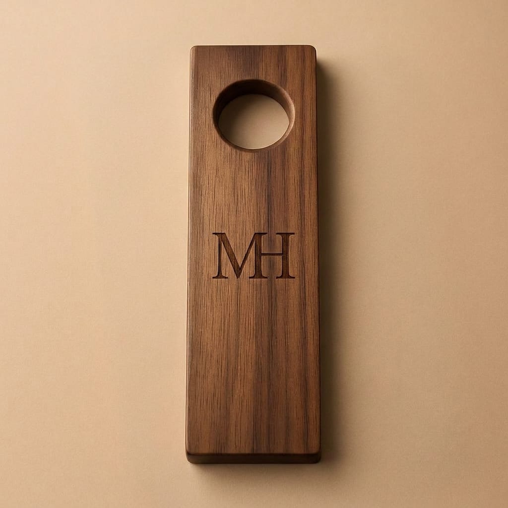 A personalized wooden door hanger or pegboard insert with a circular hole at the top and engraved initials 'MH' in the center, shown on a solid beige background.