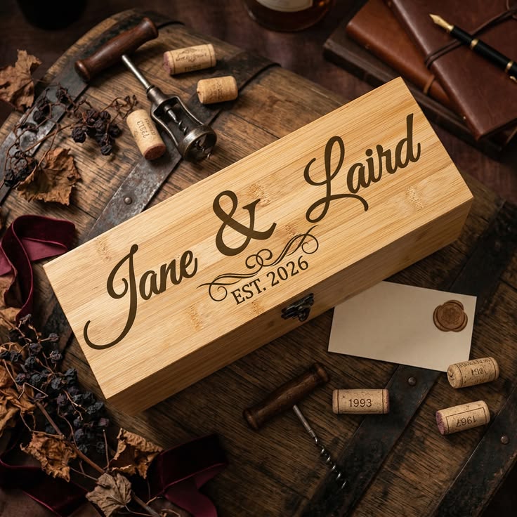 A personalized wooden wine box engraved with 'Jane & Laird EST. 2026' in dark script, styled on a rustic wooden table with wine corks, a corkscrew, an envelope, and leather accessories.