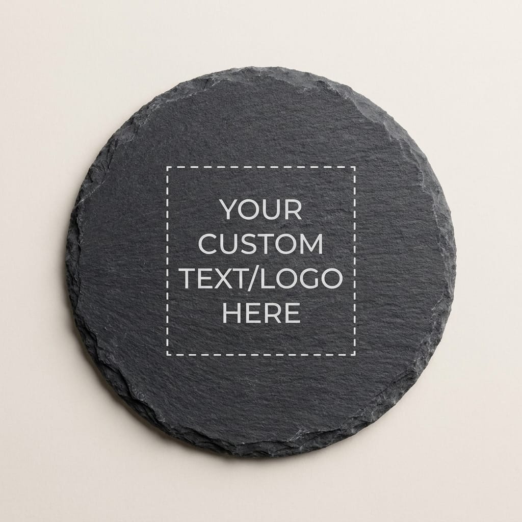 A round dark gray slate coaster with a natural rough edge, featuring a white dashed square frame and placeholder text reading 'YOUR CUSTOM TEXT/LOGO HERE' on a light beige background.