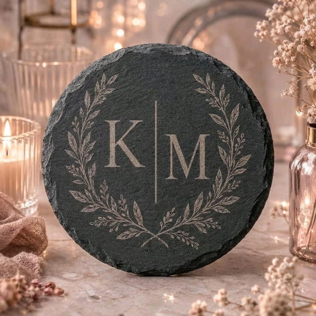 A round dark slate coaster with a personalized monogram 'K|M' and a laurel wreath design, styled on a marble tabletop with warm bokeh background lights and dried flowers.
