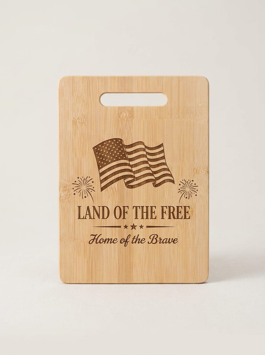 A rectangular bamboo cutting board with a handle cutout at the top, featuring a laser-engraved American flag design and the text 'LAND OF THE FREE' and 'Home of the Brave' on a light beige background.