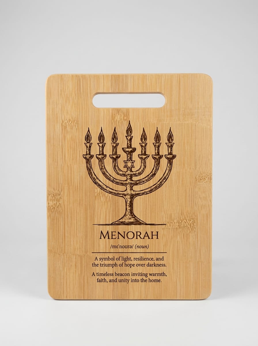 A rectangular bamboo cutting board with a handle, featuring a laser-engraved menorah and a dictionary definition of the word 'MENORAH' on a light gray background.