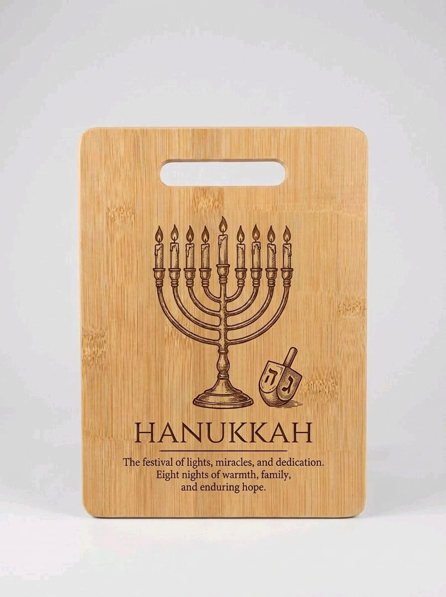 A rectangular bamboo cutting board with a handle, featuring a laser-engraved Hanukkah menorah, dreidel, and festive quote on a light gray background.