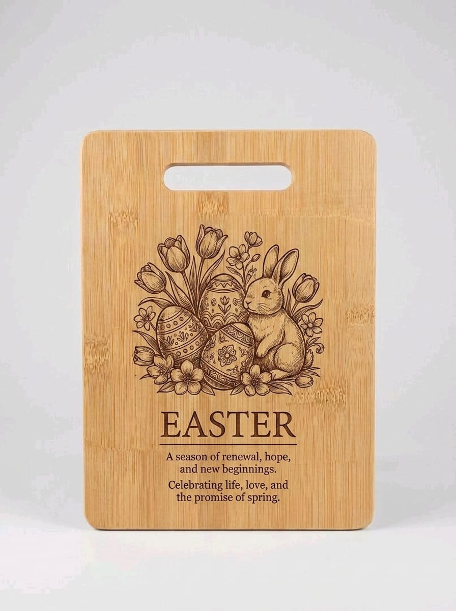 A rectangular bamboo cutting board with a handle, featuring an engraved Easter design of a bunny, tulips, and patterned eggs, with the word 'EASTER' and a short quote below, shown on a light gray background.