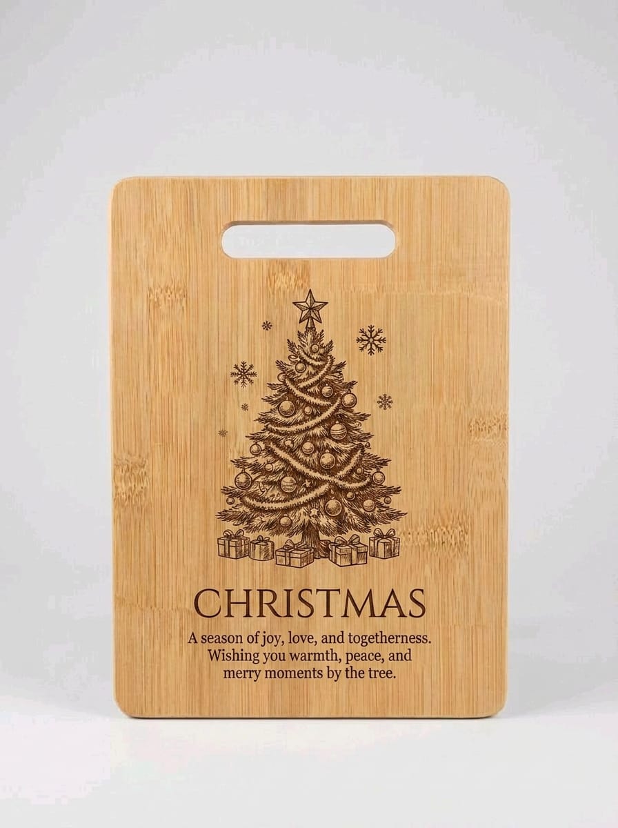 A rectangular bamboo cutting board with a handle, featuring a laser-engraved Christmas tree, snowflakes, the word 'CHRISTMAS', and a short holiday message on a light gray background.