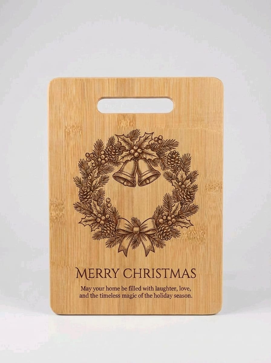 A rectangular bamboo cutting board with a handle cutout at the top, featuring a laser-engraved Christmas wreath with bells and the text 'MERRY CHRISTMAS' and a holiday message below, shown on a light gray background.