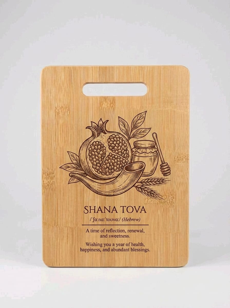 A rectangular wooden cutting board with a handle cutout at the top, featuring an engraved illustration of a pomegranate, honey pot, and wheat, with the text 'SHANA TOVA' and a blessing below, shown on a light gray background.