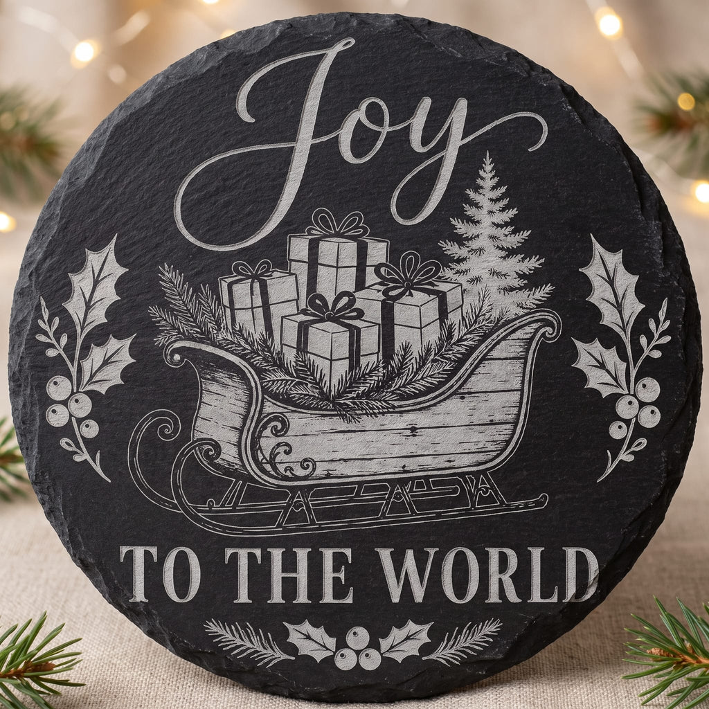 Joy to the World laser engraved slate stone coaster