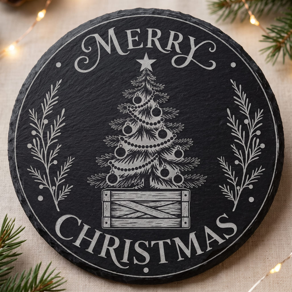 A round black slate Christmas sign with a white engraved design featuring a decorated tree, a star, floral borders, and the words “MERRY CHRISTMAS,” styled on a beige fabric surface with pine branches and warm string lights.