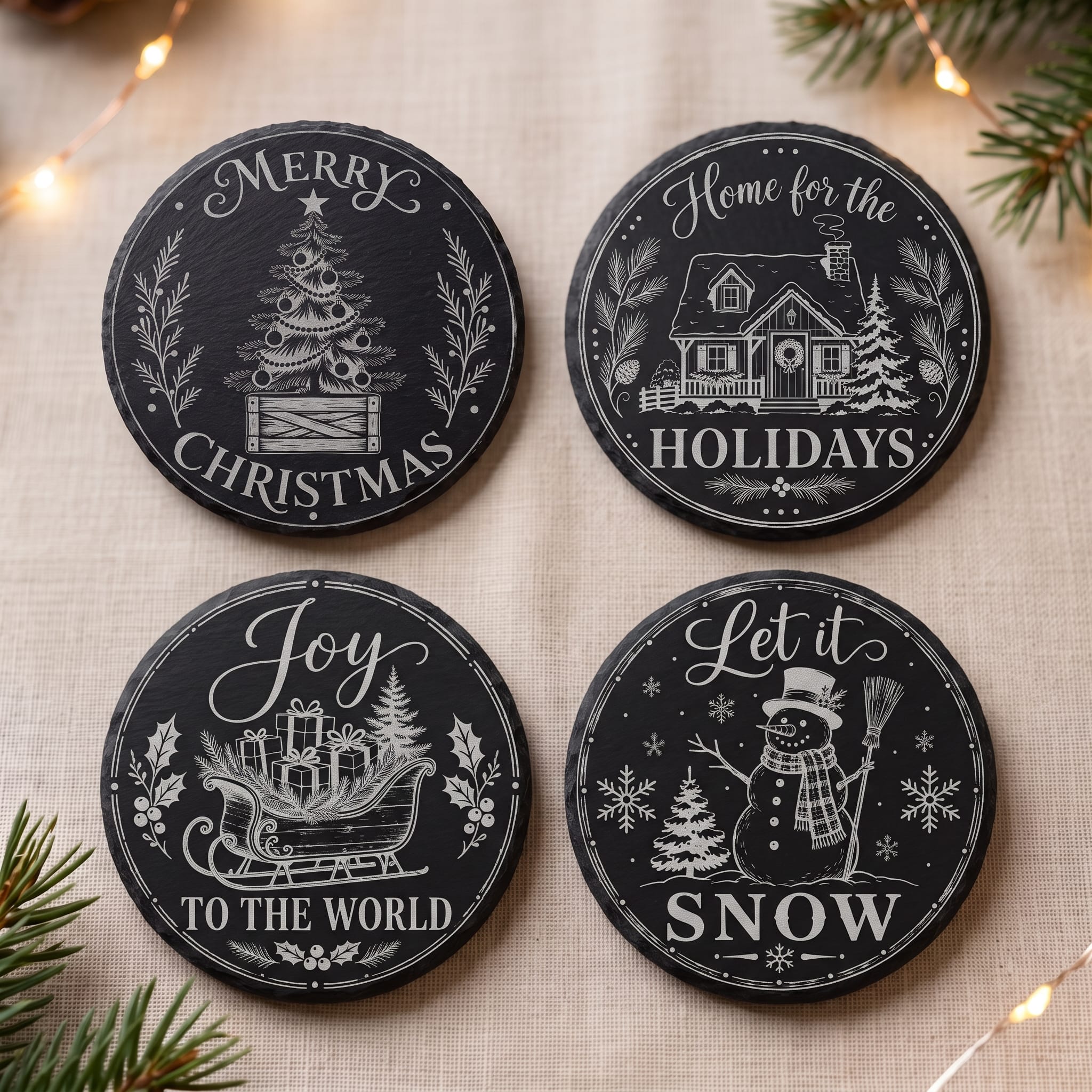 Four round black holiday coasters with white printed Christmas illustrations and phrases, arranged on a beige fabric surface with pine branches and warm string lights in the background.