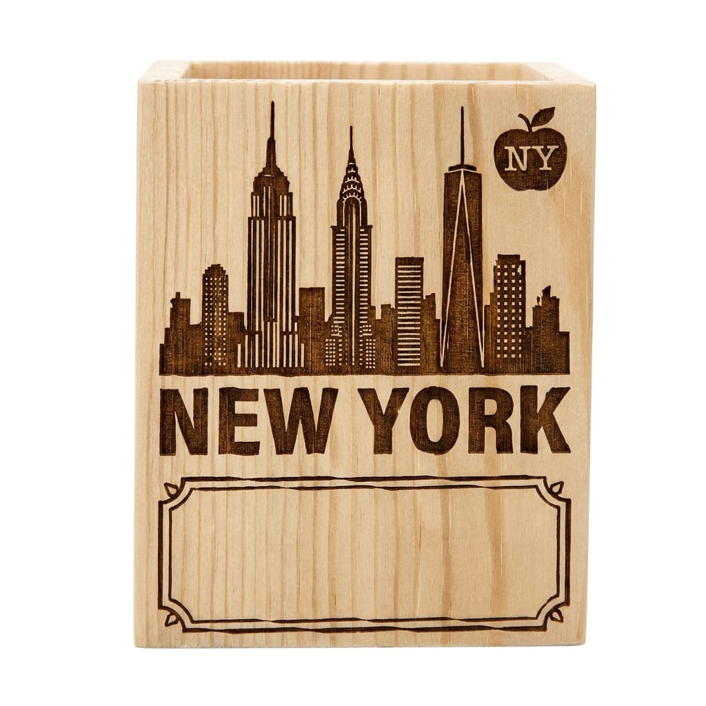 Personalized wooden pen holder laser engraved New York Skyline design - custom desk organizer