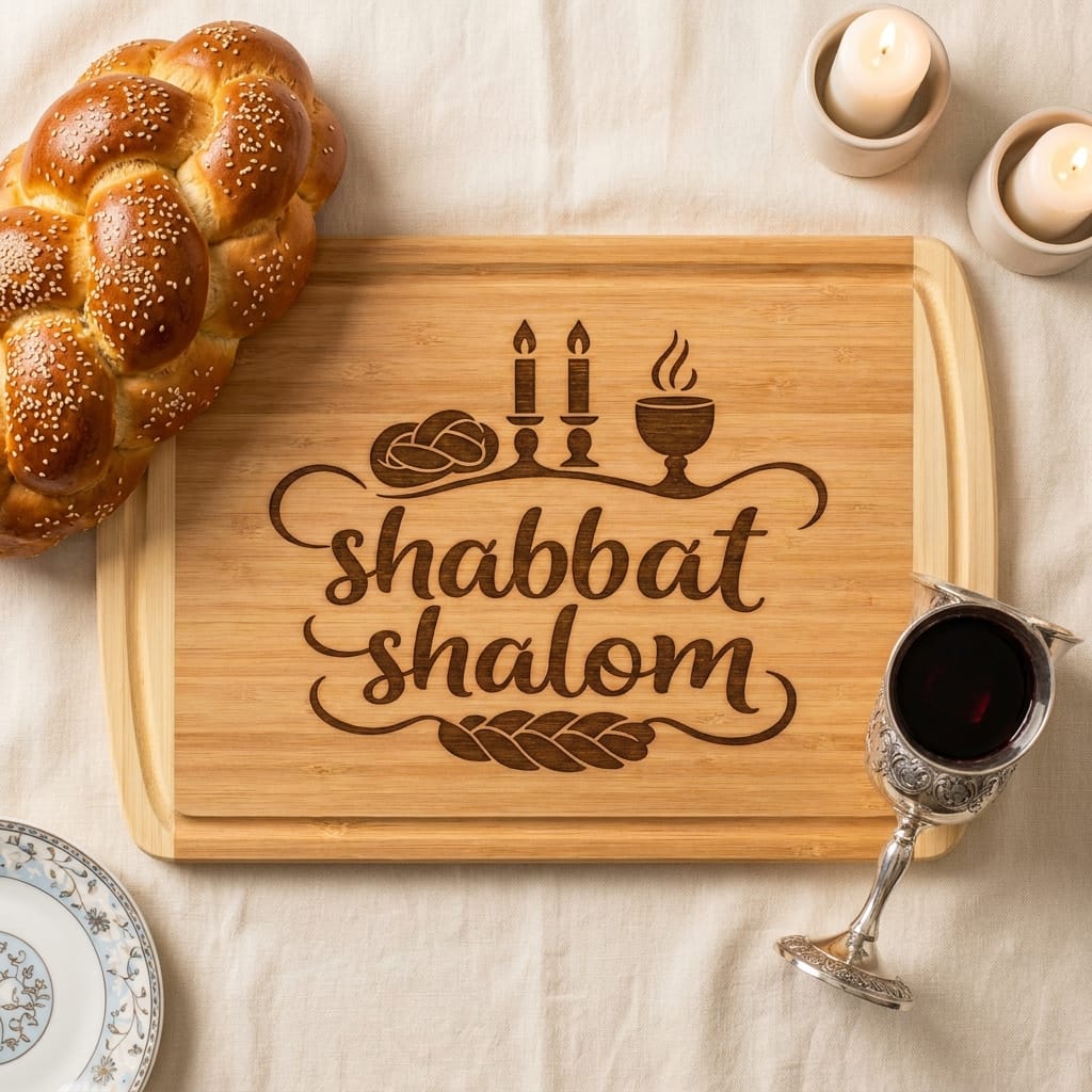 Shabbat Shalom script laser engraved bamboo cutting board with challah, candles and wine cup icons, styled with red wine and challah bread