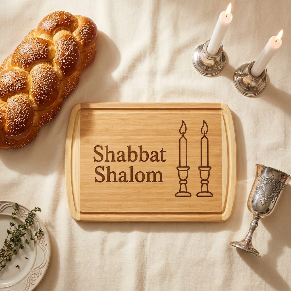 Shabbat Shalom laser engraved bamboo cutting board with candles design, styled with challah bread and Kiddush cup on white linen