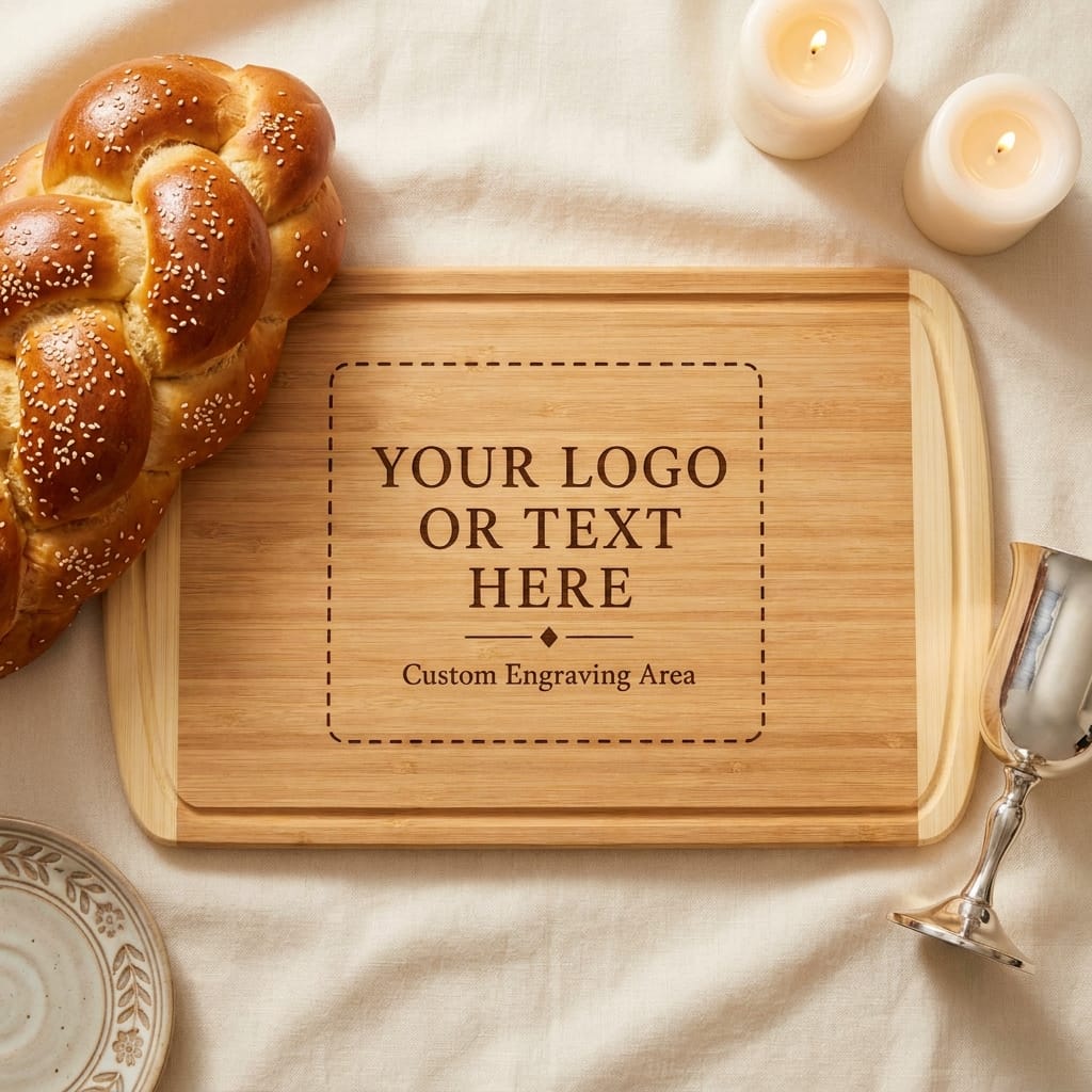 Custom engraving bamboo Shabbat cutting board with Your Logo or Text Here placeholder, styled with challah and silver Kiddush cup