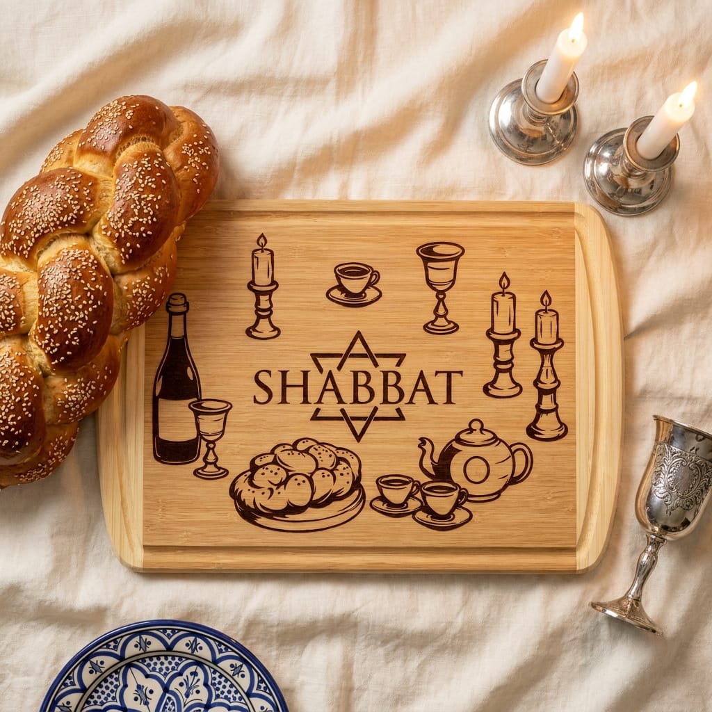 Shabbat laser engraved bamboo cutting board with Star of David and full Shabbat table icons including wine bottle, challah, candles and teapot