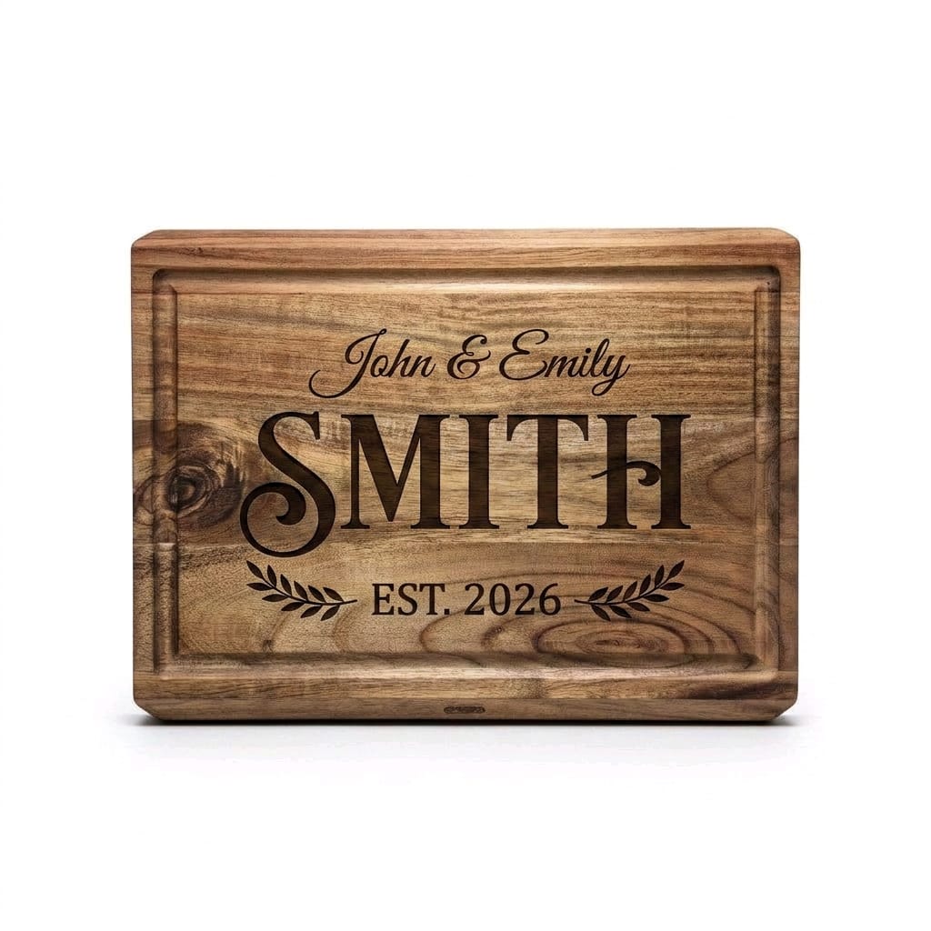 Personalized acacia wood cutting board laser engraved with Smith family name and Est. 2026