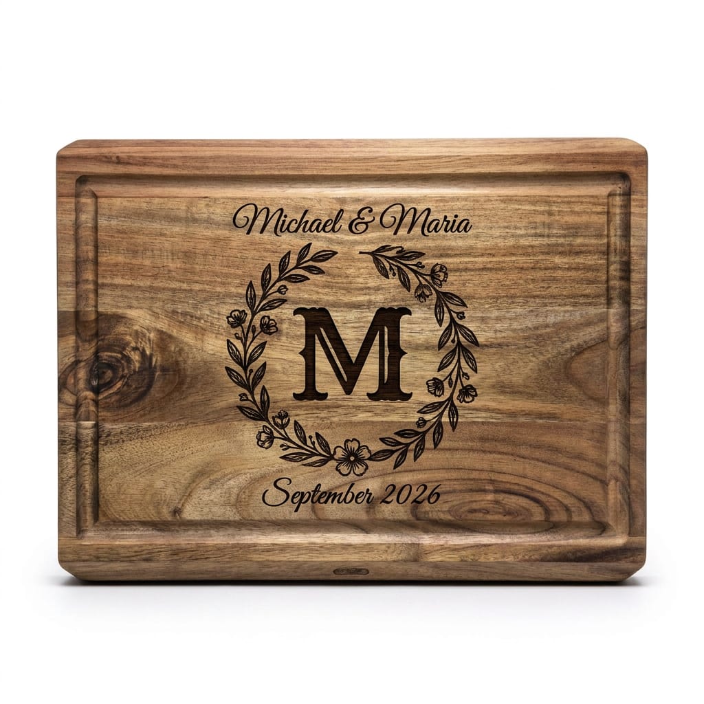 Acacia wood cutting board with monogram M in floral wreath and Michael & Maria names