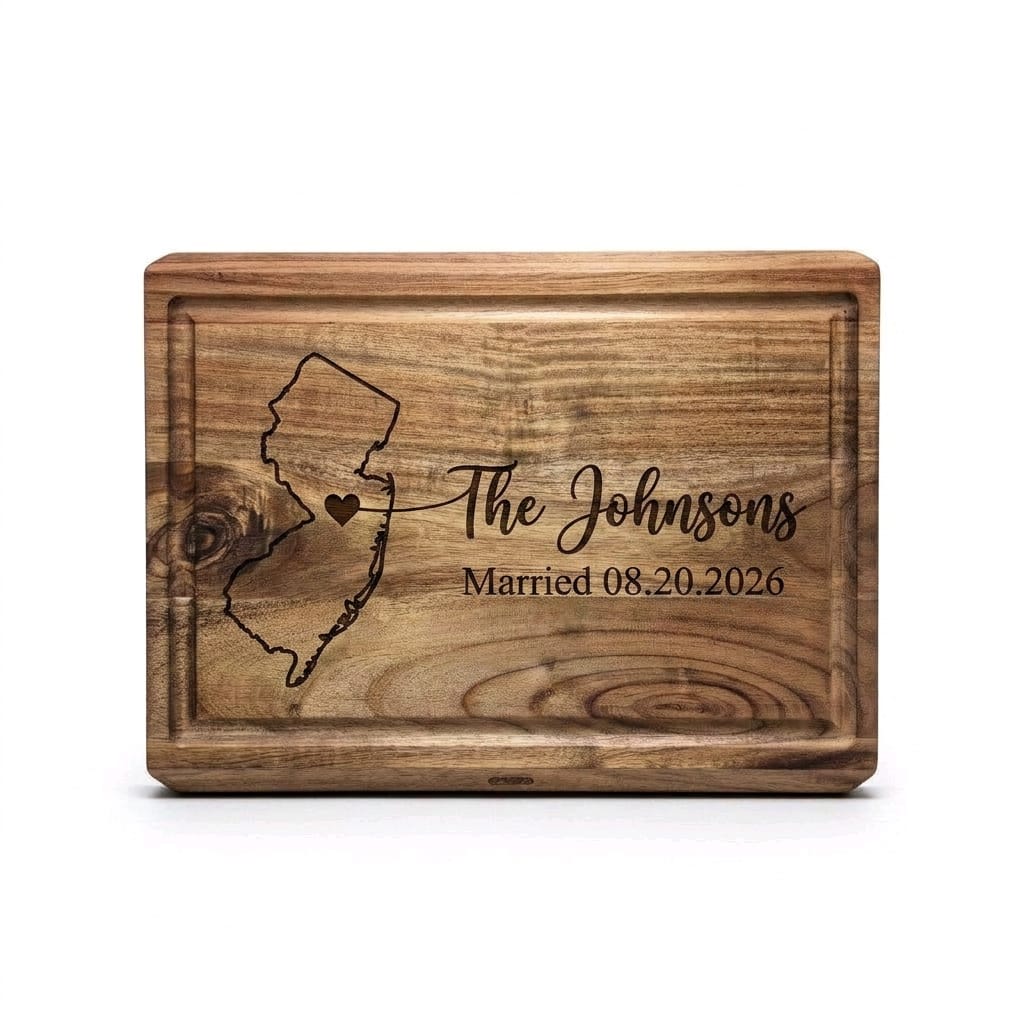Personalized acacia cutting board with New Jersey state outline and The Johnsons family name