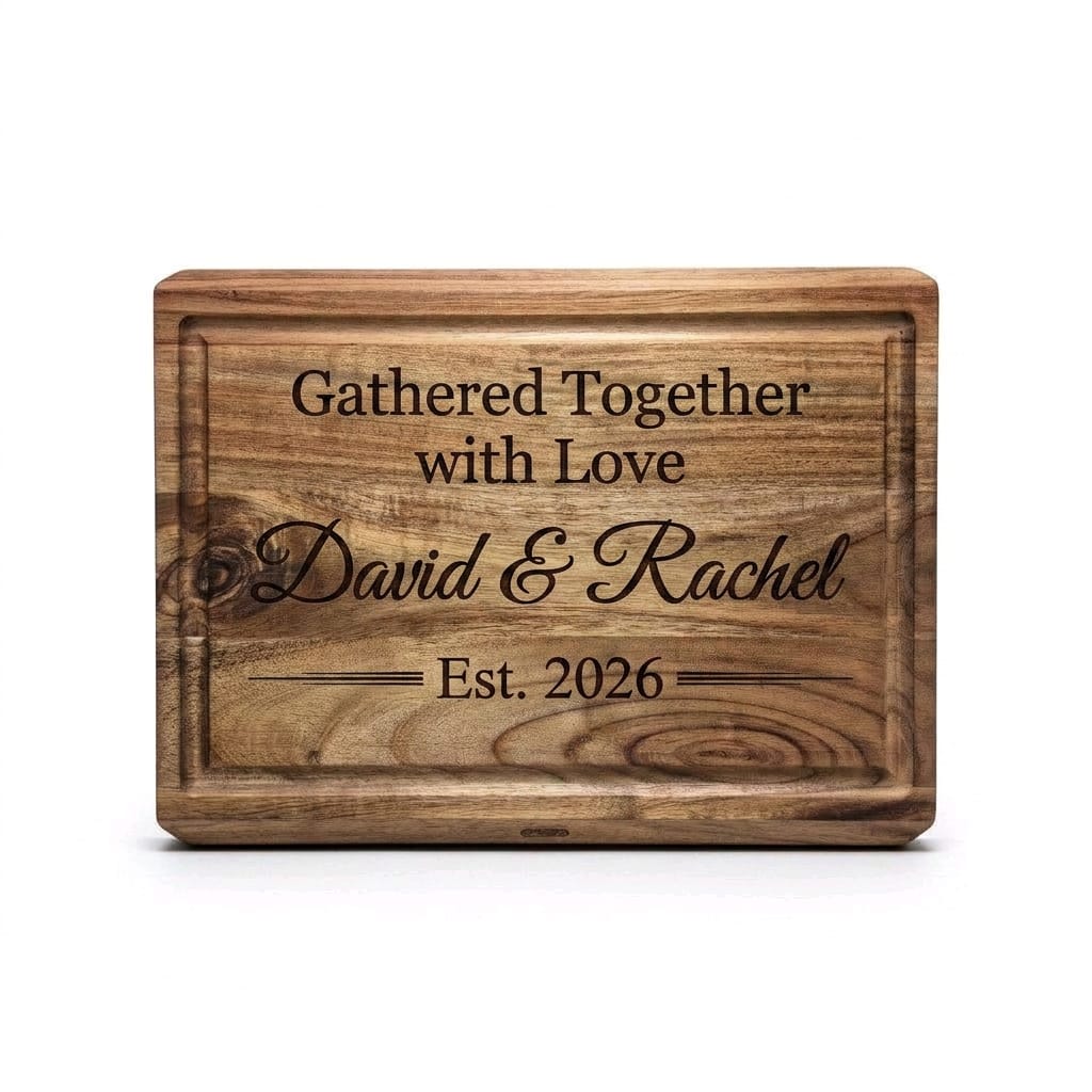 Custom acacia wood cutting board engraved with Gathered Together with Love and David & Rachel