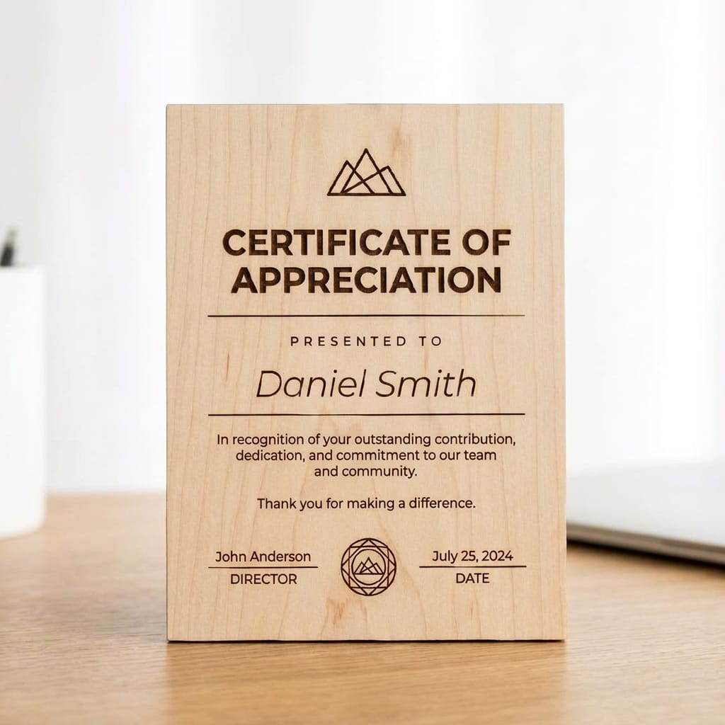 Personalized Laser Engraved Wood Certificate of Appreciation | Custom Award Plaque