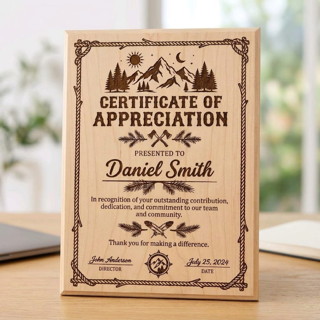 Personalized Laser Engraved Wood Certificate of Appreciation | Custom Award Plaque