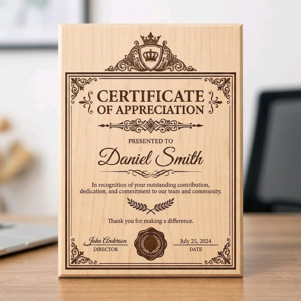 Personalized Laser Engraved Wood Certificate of Appreciation | Custom Award Plaque