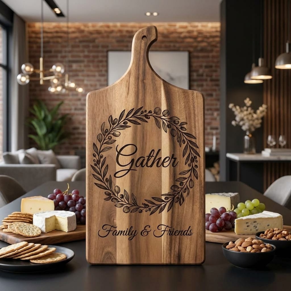 Personalized Gather Family & Friends laser engraved acacia wood cutting board with olive wreath