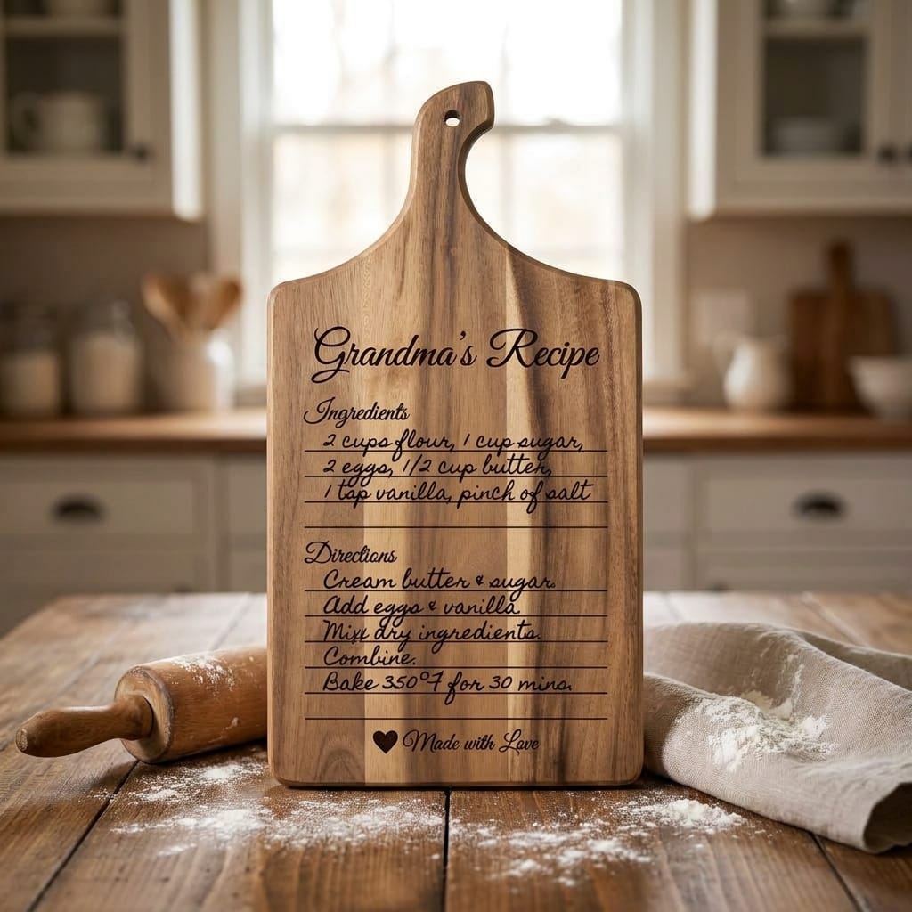 Grandma's Recipe custom laser engraved acacia wood cutting board with ingredients and directions