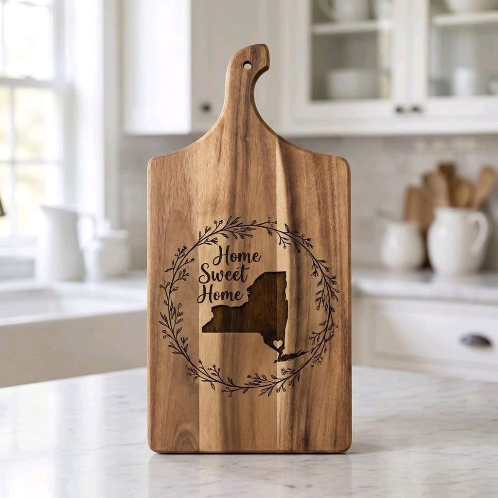 Home Sweet Home laser engraved acacia wood cutting board with New York state silhouette and floral wreath