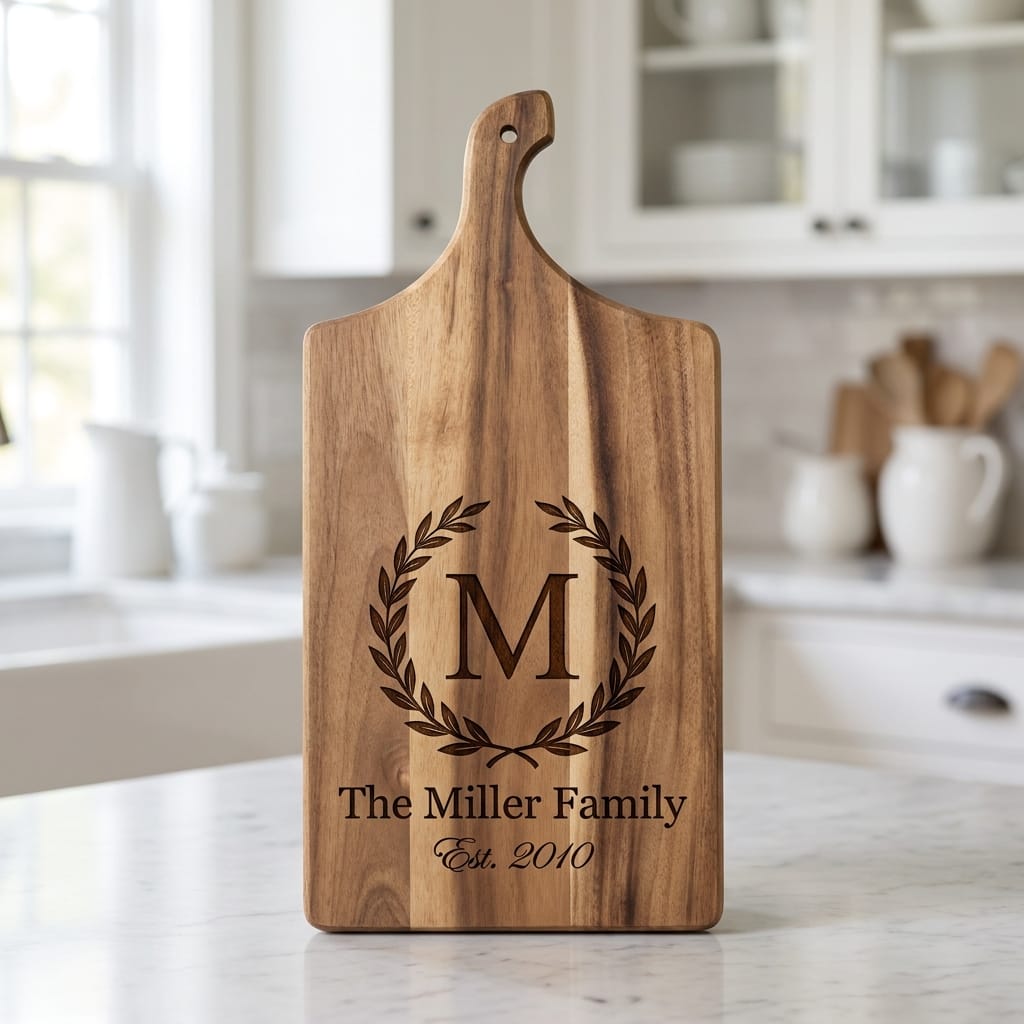 Happy Easter laser engraved acacia wood cutting board with floral design, bunny and Easter eggs