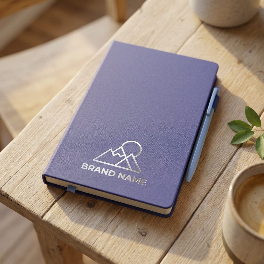 Custom navy blue hardcover journal with silver mountain logo and brand name engraving, resting on a rustic wooden table next to a coffee cup and green plant