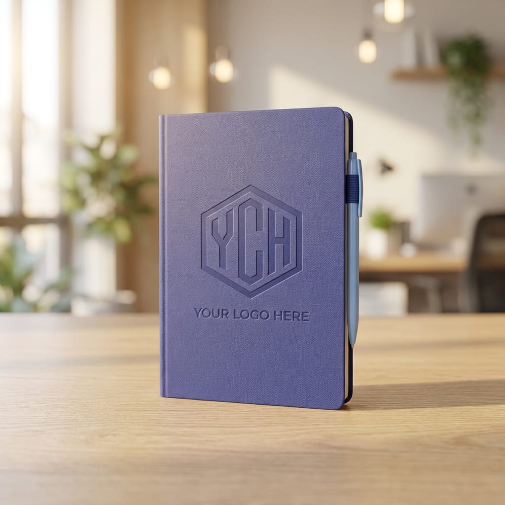Personalized navy blue hardcover journal with debossed hexagon monogram logo and "Your Logo Here" text, standing upright on a wooden desk in a modern bright office setting with a blue pen