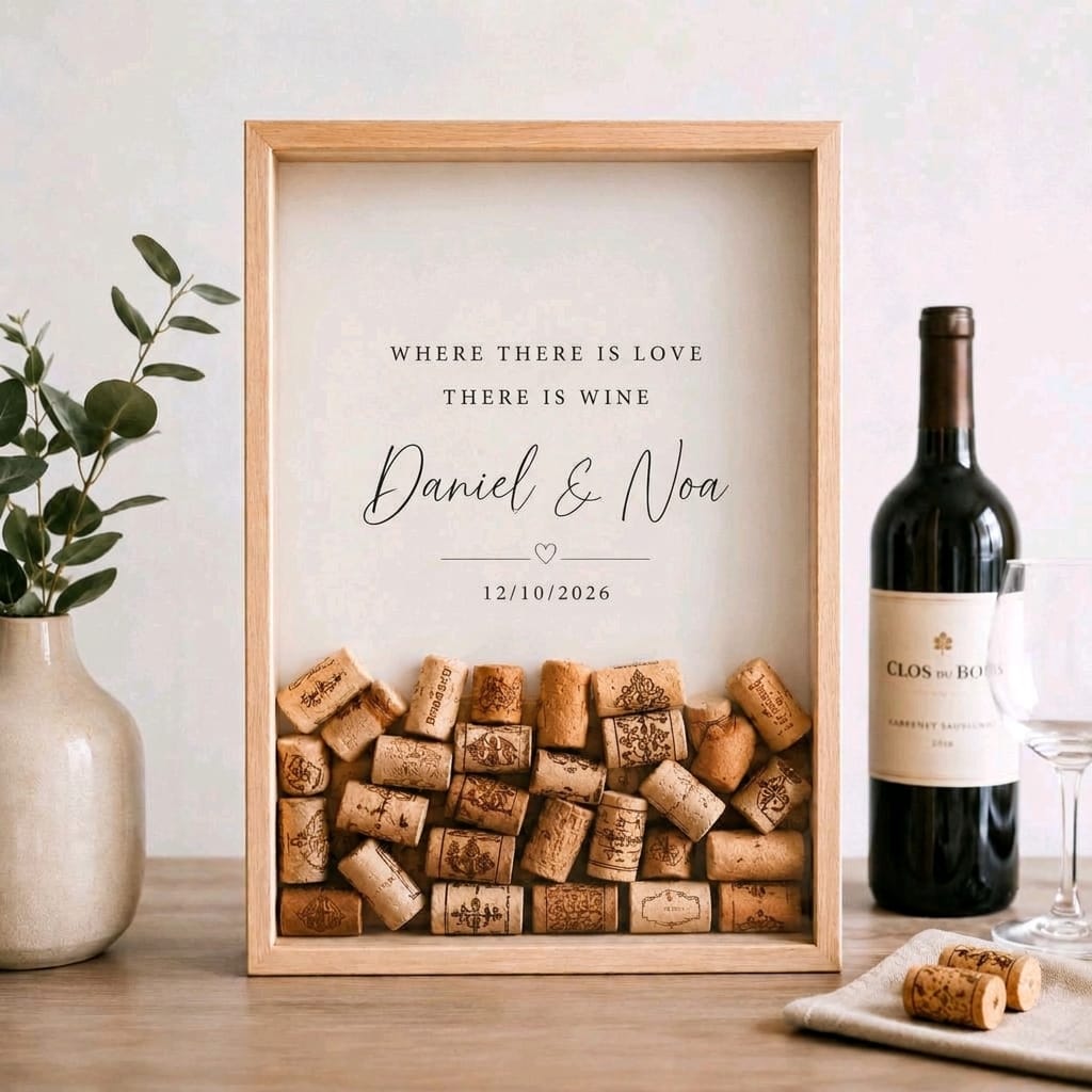 A personalized wooden shadow box print with a cork border, featuring the text 'WHERE THERE IS LOVE THERE IS WINE Daniel & Noa 12/10/2026' and filled with wine corks. It is styled on a wooden table next to a bottle of red wine, a wine glass, and a vase with green leaves.