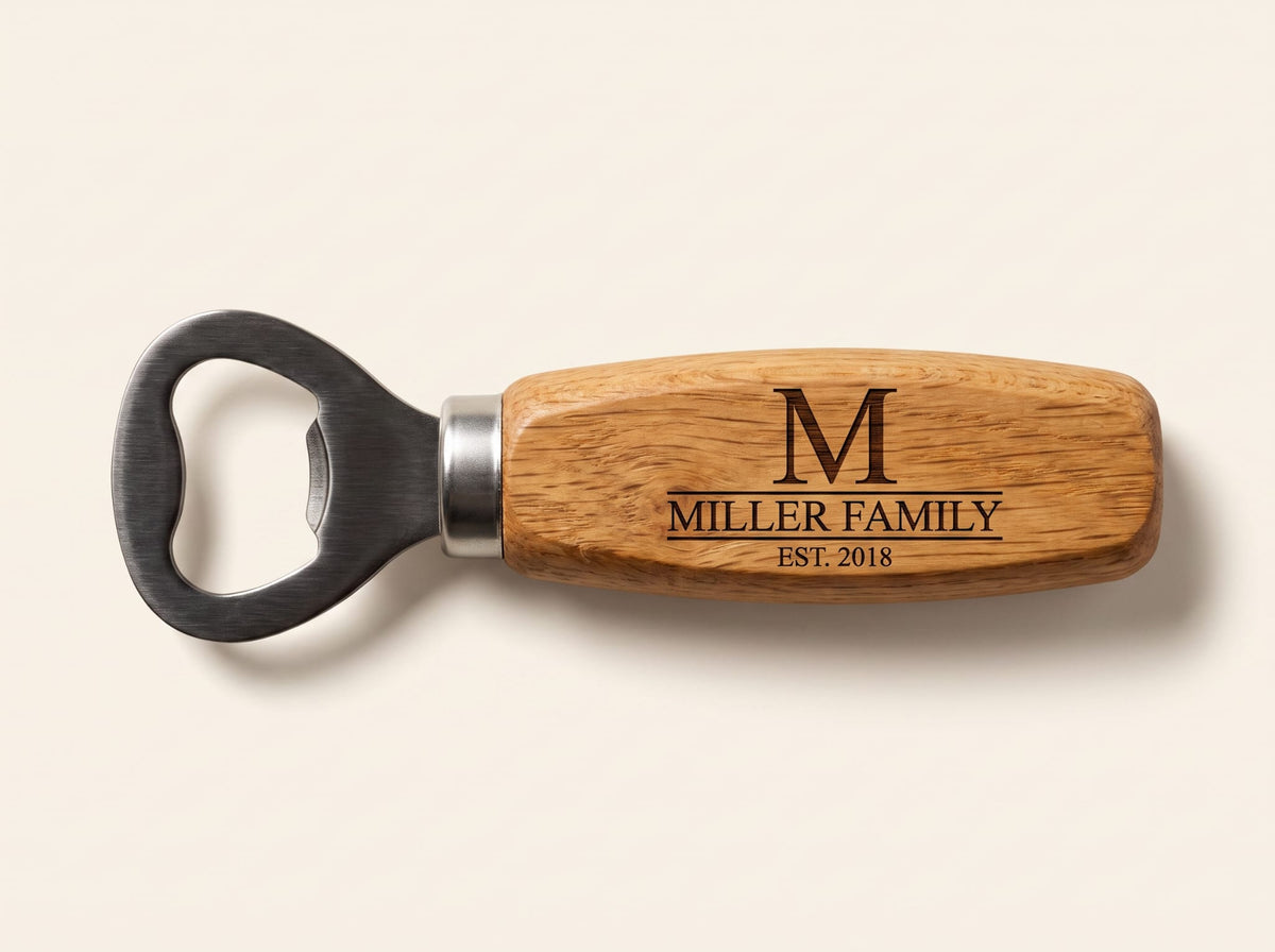 A personalized bottle opener with a black metal head and a natural wood handle engraved with 'M MILLER FAMILY EST. 2018', shown on a light beige background.