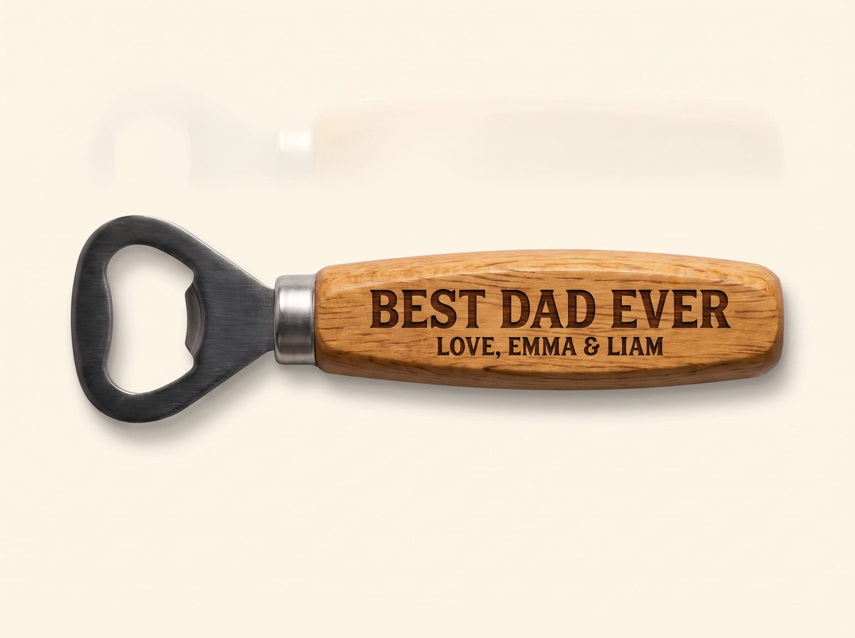 A personalized wooden bottle opener with a black pull tab and engraved text reading 'BEST DAD EVER' and 'LOVE, EMMA & LIAM' on a light cream background.