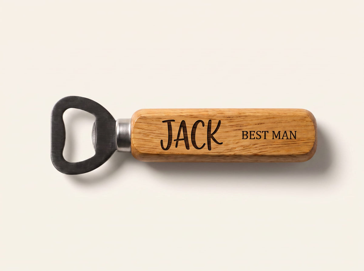 A personalized wooden bottle opener with a black metal loop, engraved with the name 'JACK' and 'BEST MAN' in black lettering, shown on a light beige background.