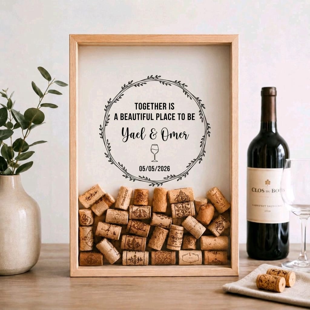 A personalized wooden wine cork frame print with a black circular floral border and the text 'Together is a beautiful place to be, Yael & Omer 05/05/2026'. The frame is filled with natural wine cork stoppers and is styled on a wooden table next to a wine bottle, a glass, and a small vase with green leaves.