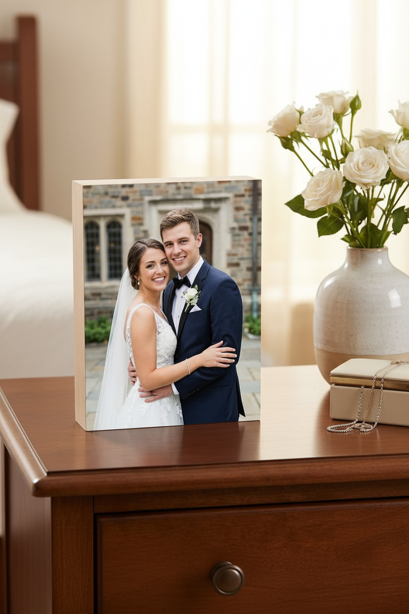 Lifestyle photo of personalized wood block on dresser in warm home setting
